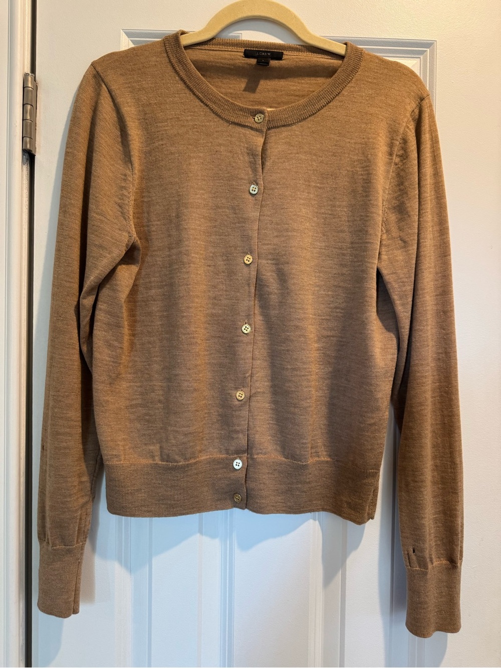 J.Crew Camel Crewneck Cardigan, Merino Wool, size large